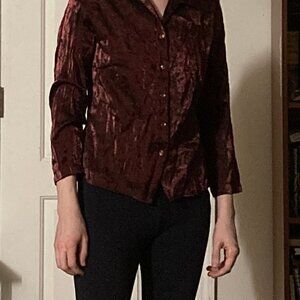 Shiny Dark Red Floral Button Down (Petite)